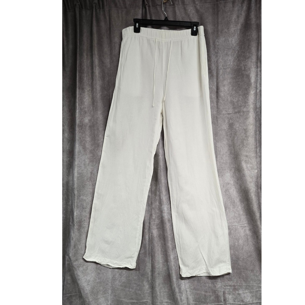 H&M Linen Blend Wide Leg Drawstring Pants Relaxed Trousers White Women's Sz M
